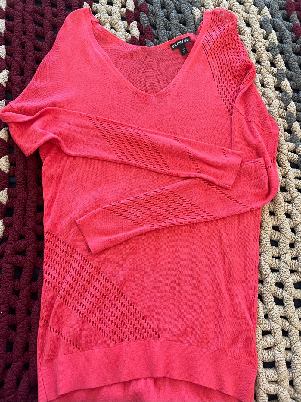 Express Coral Open‑Knit V‑Neck Sweater